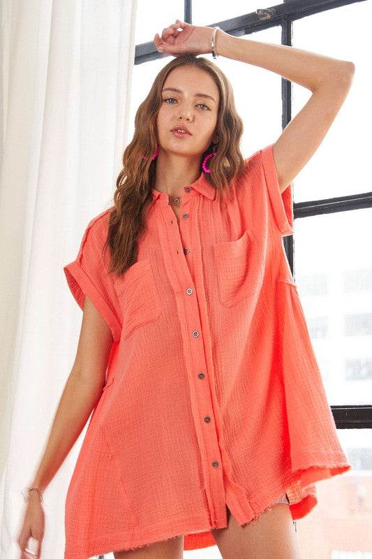 ADORA Raw Hem Collared Neck Button Down Shirt Coral for a perfect OOTD – dress to impress outfits from Amexza