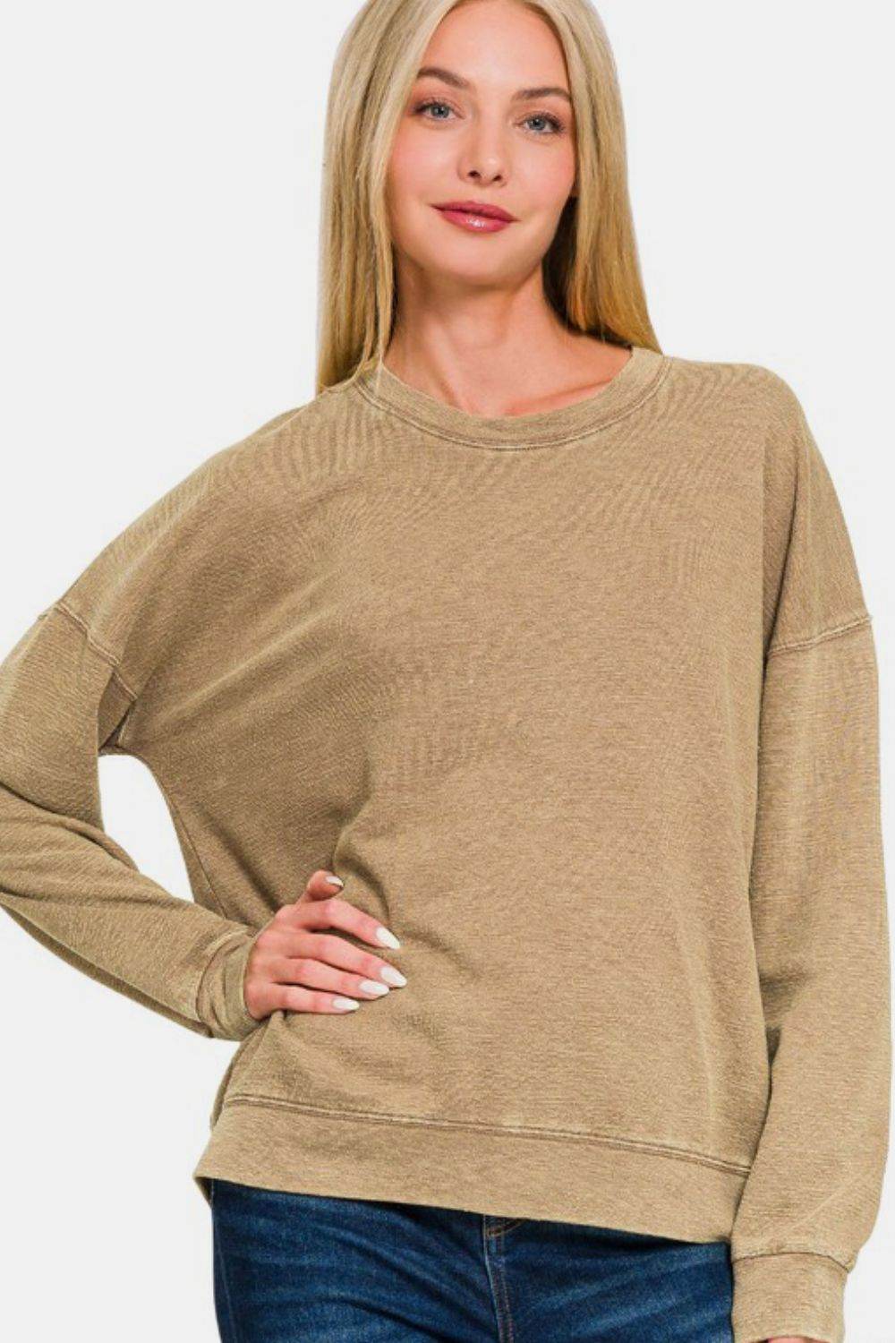 Zenana Washed Round Neck Dropped Shoulder Sweatshirt - Amexza