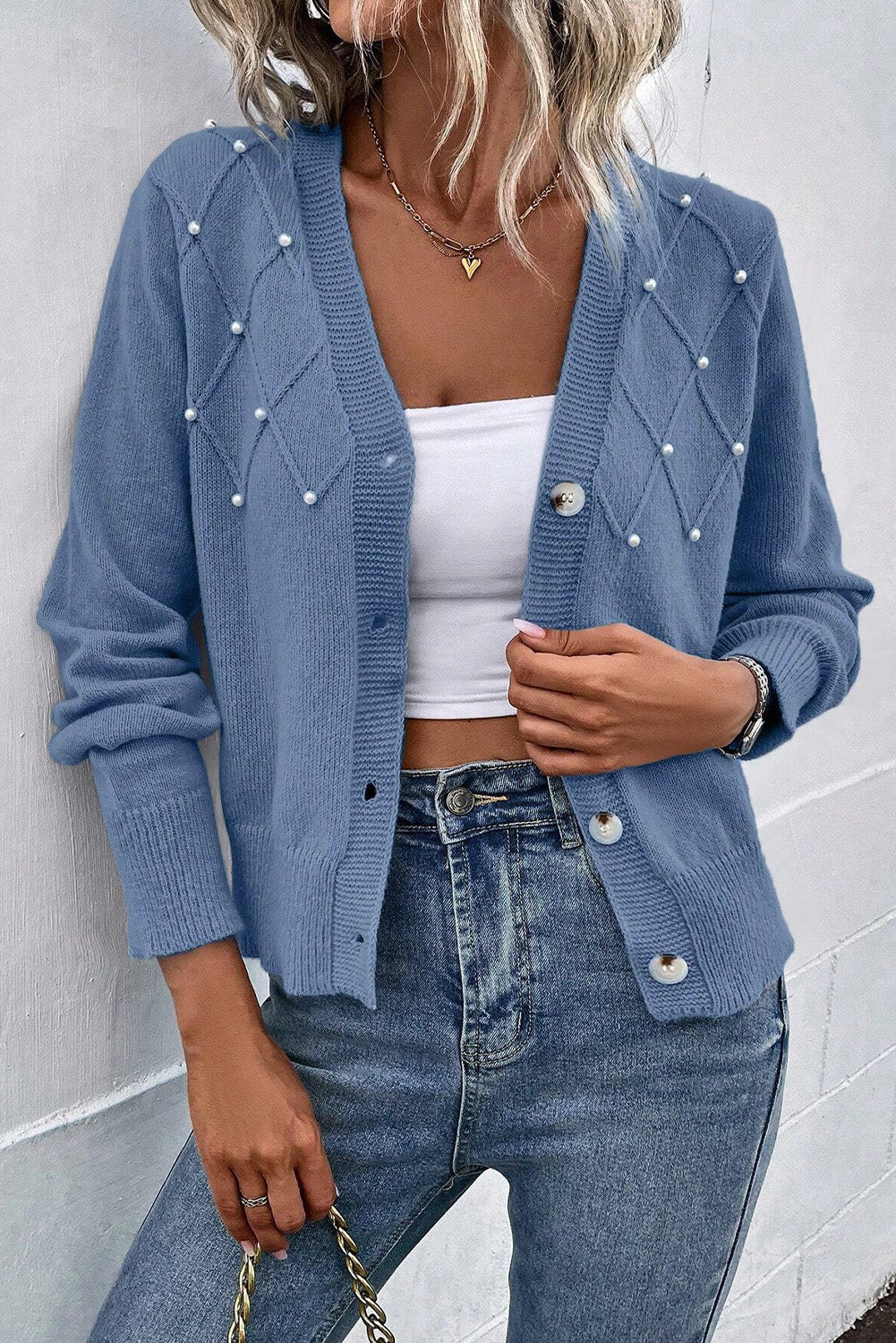 Pearl Trim Button Up Cardigan Dusty Blue for a perfect OOTD – dress to impress outfits from Amexza