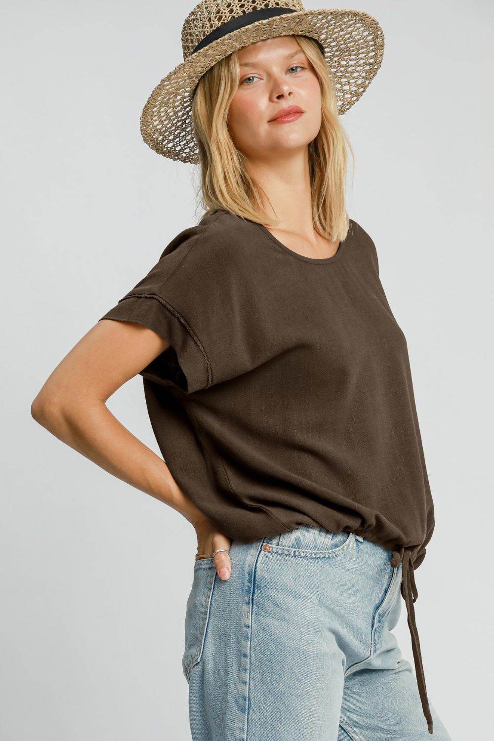 Umgee Drawstring Hem Round Neck Short Sleeve T-Shirt - Amexza