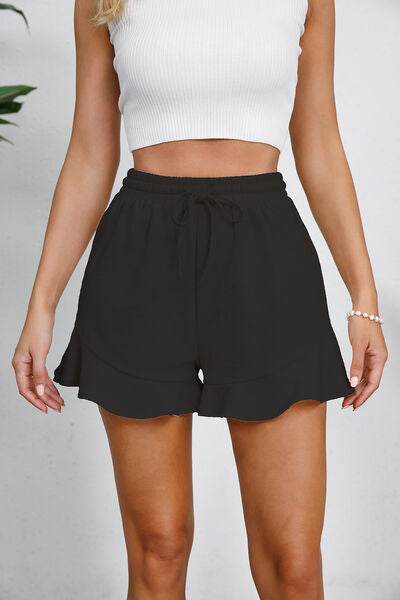 Full Size Drawstring Ruffle Hem Shorts Black for a perfect OOTD – dress to impress outfits from Amexza