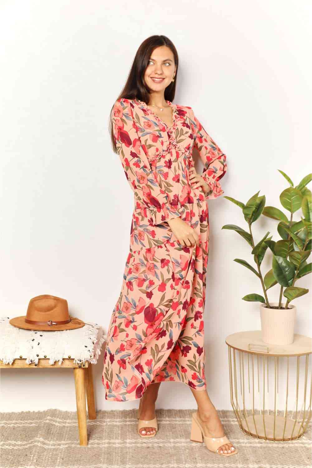 Double Take Floral Frill Trim Flounce Sleeve Plunge Maxi Dress for a perfect OOTD – dress to impress outfits from Amexza