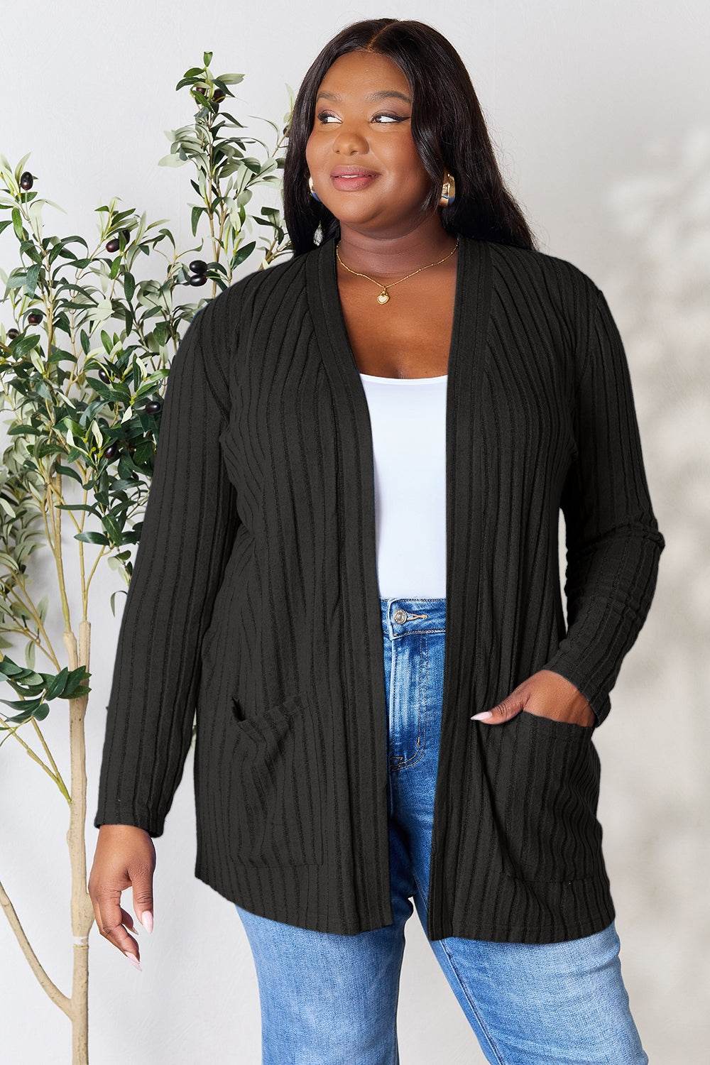 Basic Bae Full Size Ribbed Open Front Cardigan with Pockets Black for a perfect OOTD – dress to impress outfits from Amexza