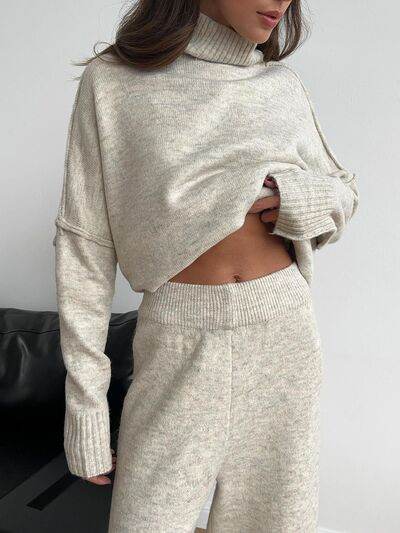 Slit Turtleneck Long Sleeve Top and Pants Sweater Set for a perfect OOTD – dress to impress outfits from Amexza