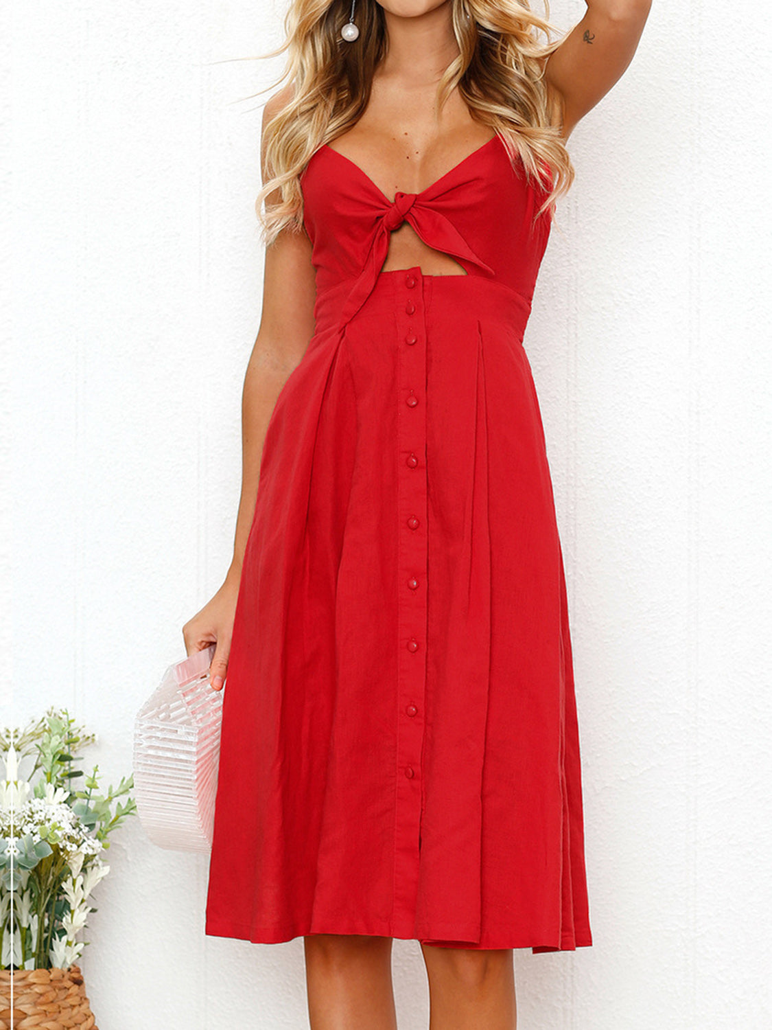 Cutout Smocked Sweetheart Neck Cami Dress - Red / S