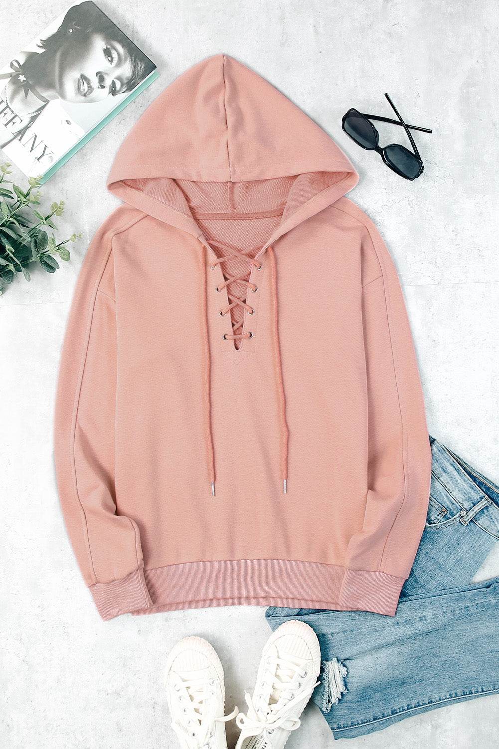 Lace Up Long Sleeve Hoodie - Amexza