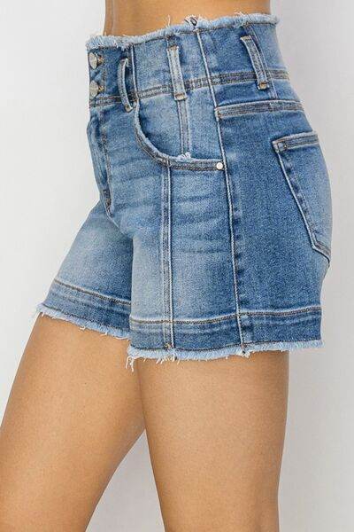 RISEN High Rise Seam Detailed Raw Edge Denim Shorts - Amexza