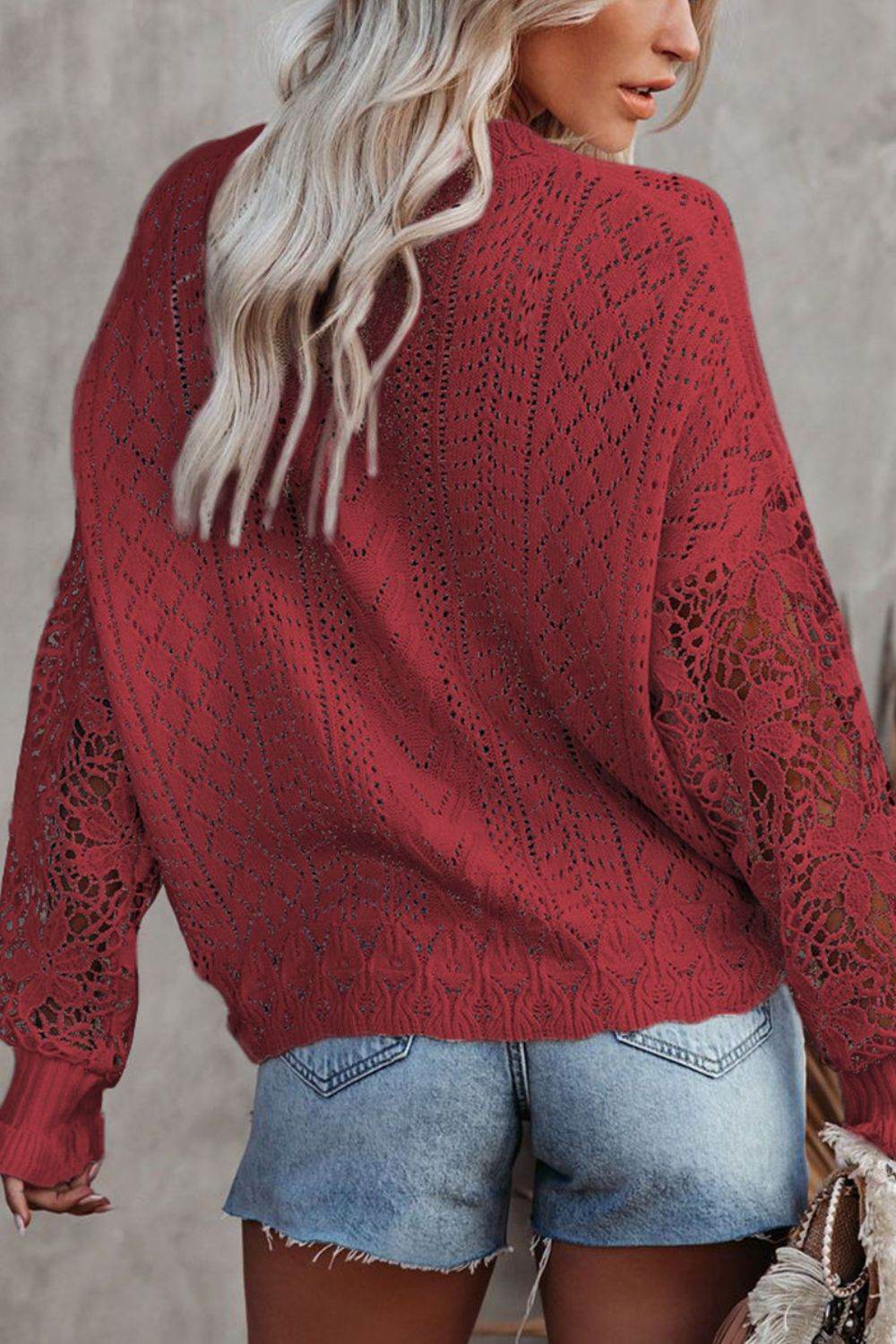 Openwork Round Neck Long Sleeve Sweater for a perfect OOTD – dress to impress outfits from Amexza