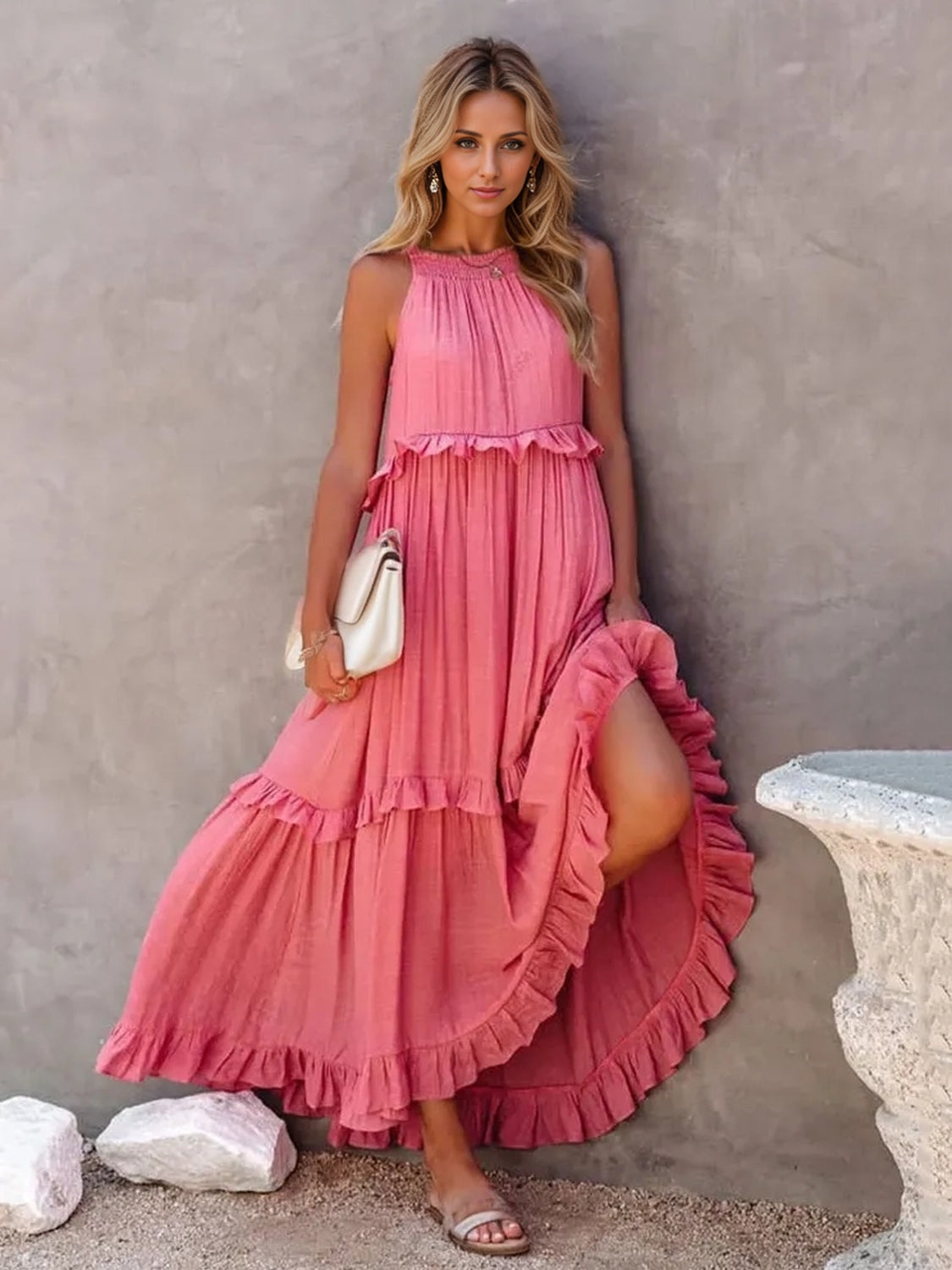 Ruffled Sleeveless Tiered Maxi Dress with Pockets - Watermelon pink / S