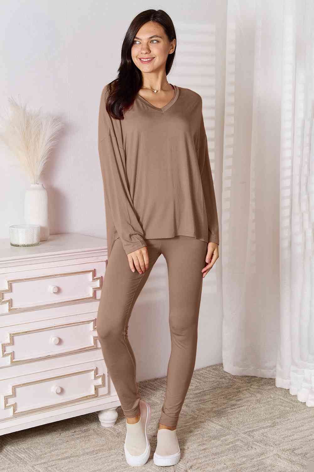 Basic Bae Full Size V-Neck Soft Rayon Long Sleeve Top and Pants Lounge Set Mocha for a perfect OOTD – dress to impress outfits from Amexza