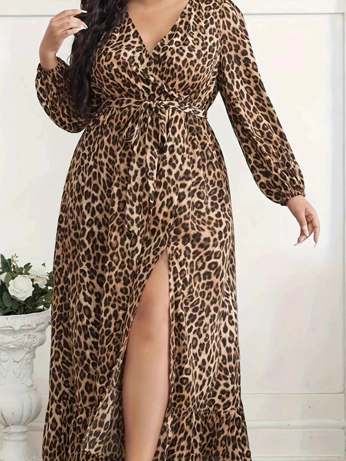 Plus Size Leopard Print Surplice Maxi Dress