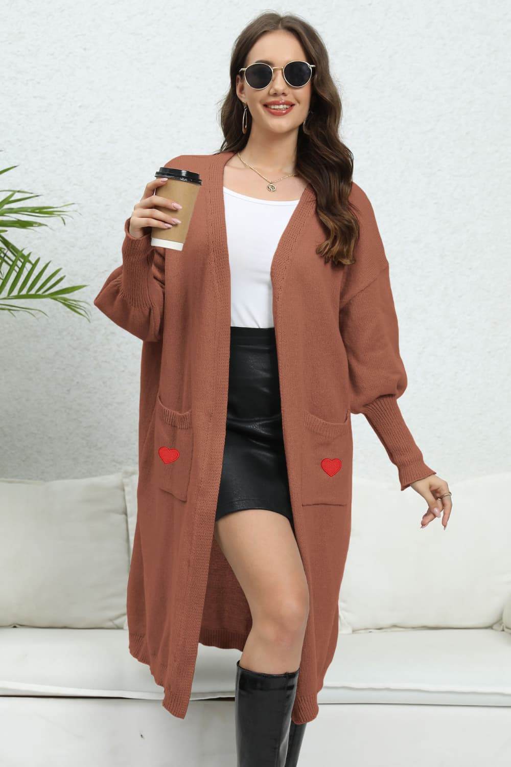 Lantern Sleeve Open Front Pocketed Cardigan Brown One Size for a perfect OOTD – dress to impress outfits from Amexza