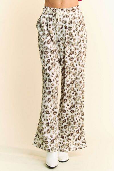 Davi & Dani Drawstring Leopard Wide Leg Pants - Amexza