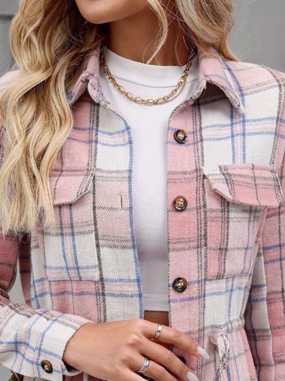 Drawstring Plaid Button Up Jacket with Chest Pockets for a perfect OOTD – dress to impress outfits from Amexza