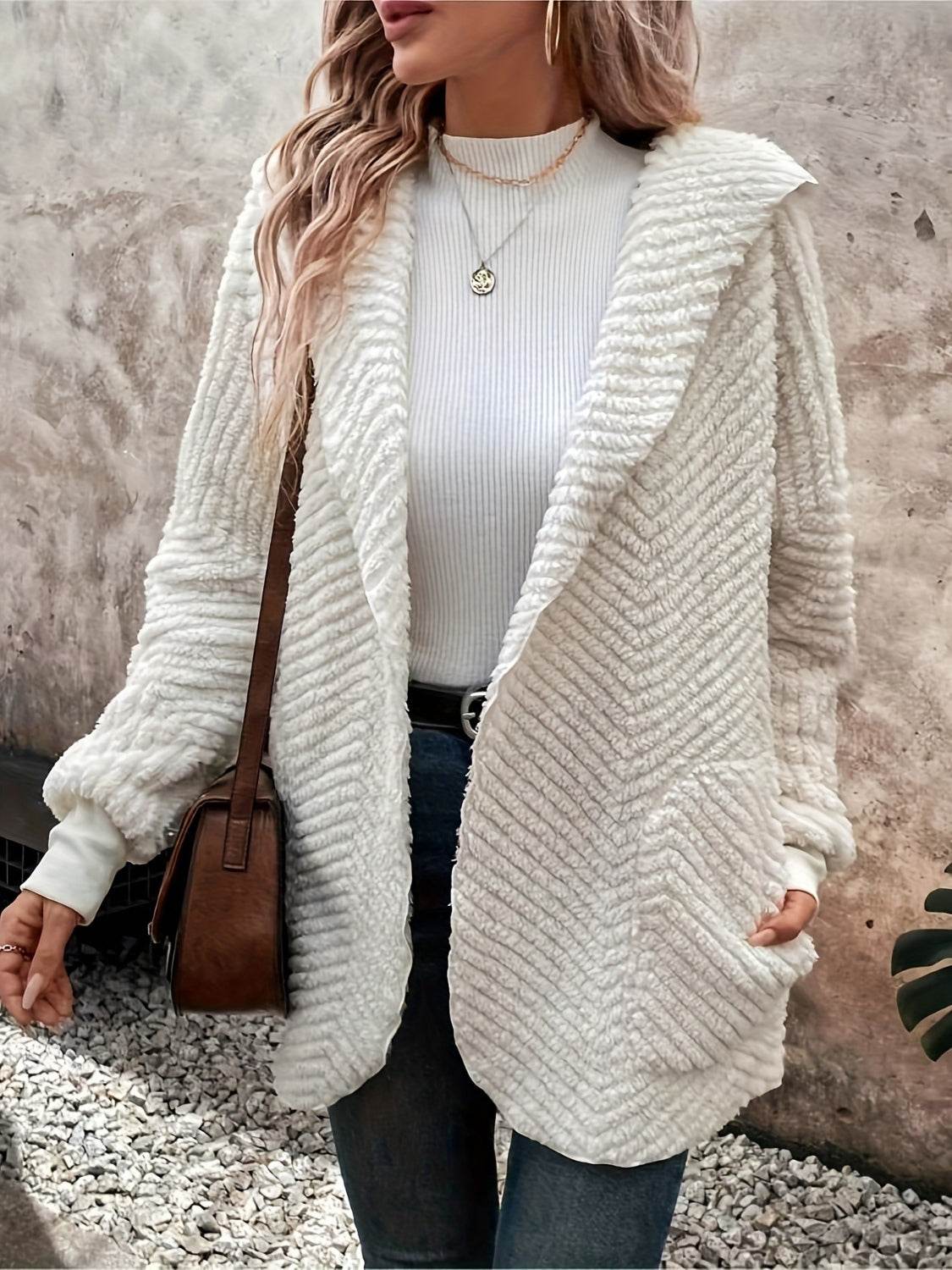 Open Front Long Sleeve Hooded Fuzzy Cardigan - Amexza