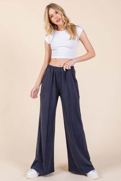 BOMBOM Elastic Waist Wide Leg Pants with Pockets - Amexza