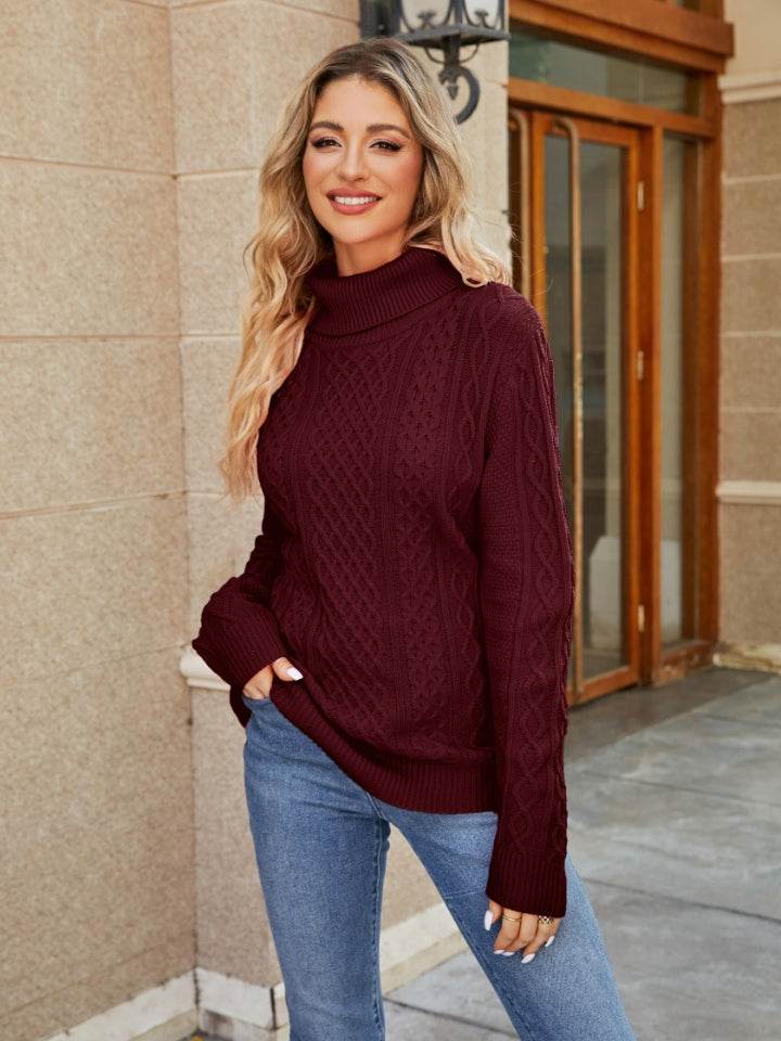 Cable-Knit Mock Neck Sweater Wine for a perfect OOTD – dress to impress outfits from Amexza