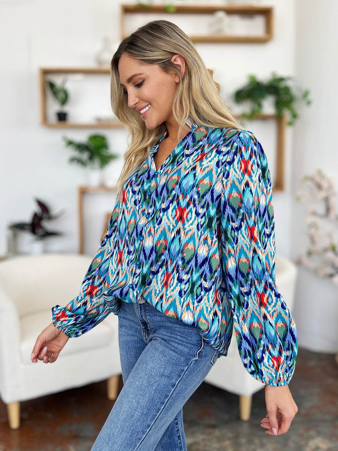 Double Take Full Size Printed Balloon Sleeve Blouse for a perfect OOTD – dress to impress outfits from Amexza