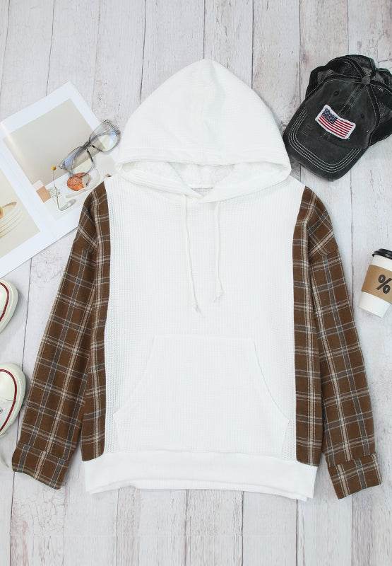 Waffle Knit Plaid Long Sleeve Kangaroo Pocket Hoodie for a perfect OOTD – dress to impress outfits from Amexza