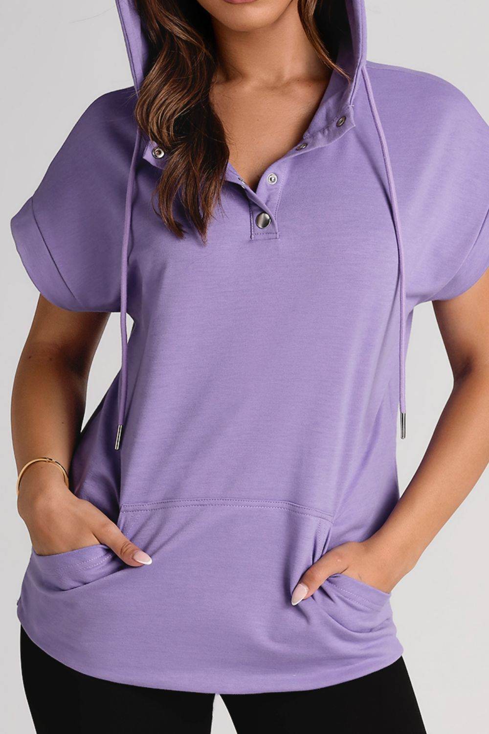 Drawstring Quarter Snap Cap Sleeve Hoodie Lavender for a perfect OOTD – dress to impress outfits from Amexza
