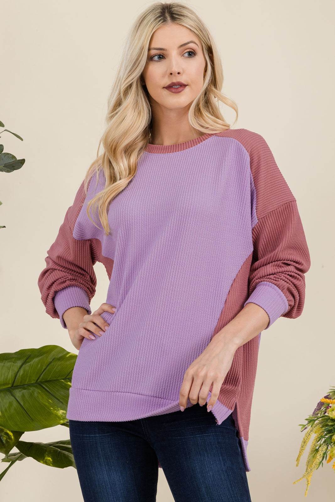 Celeste Full Size High-Low Contrast Round Neck Sweatshirt for a perfect OOTD – dress to impress outfits from Amexza