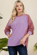 Celeste Full Size High-Low Contrast Round Neck Sweatshirt for a perfect OOTD – dress to impress outfits from Amexza