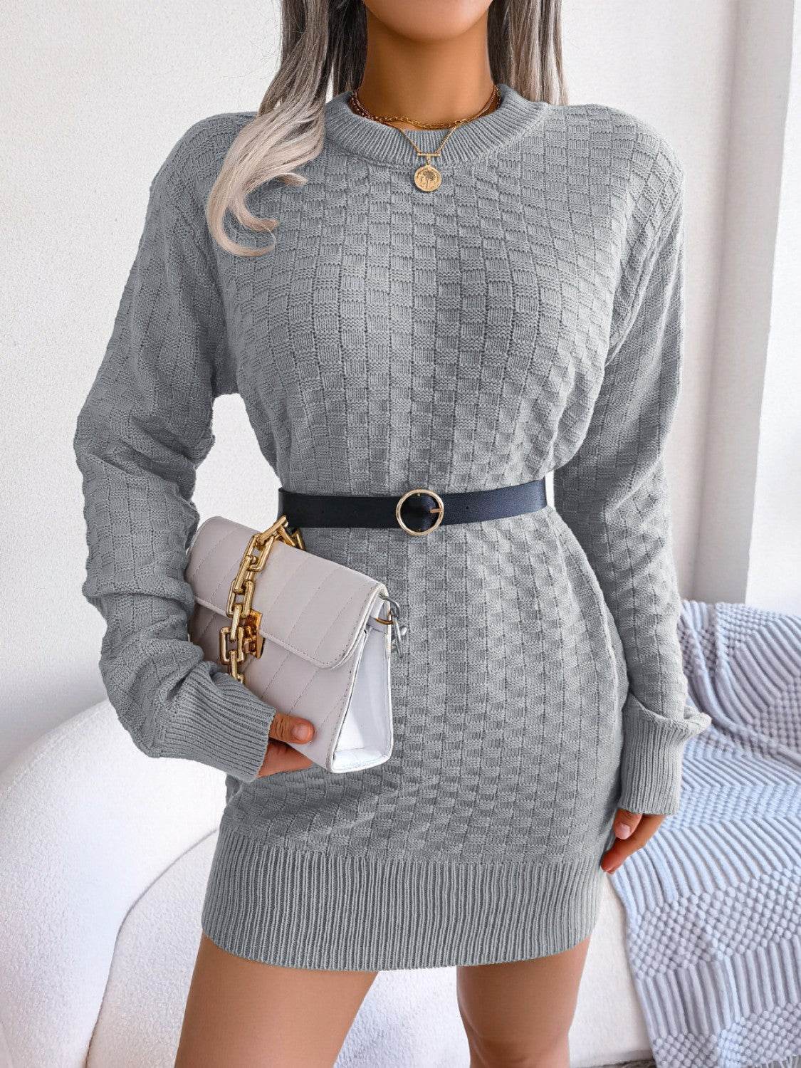 Round Neck Long Sleeve Mini Sweater Dress Gray for a perfect OOTD – dress to impress outfits from Amexza