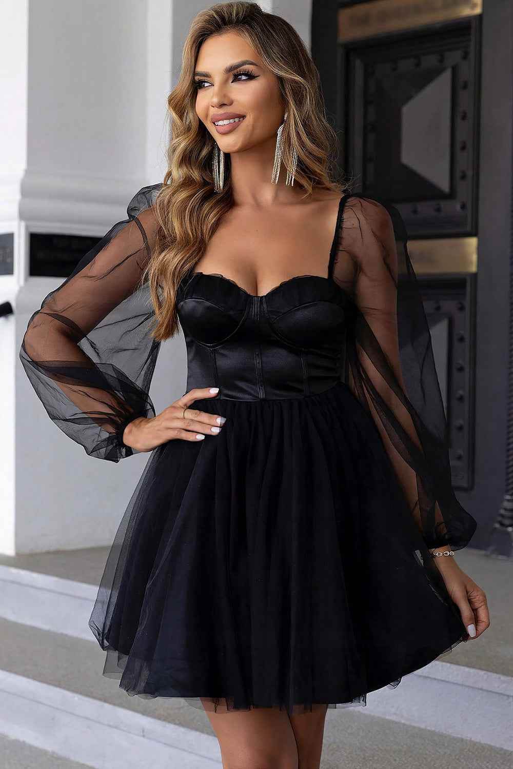 Sweetheart Neck Balloon Sleeve Mini Dress for a perfect OOTD – dress to impress outfits from Amexza