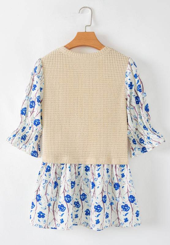 Waffle-Knit Printed Round Neck Flounce Sleeve Blouse for a perfect OOTD – dress to impress outfits from Amexza