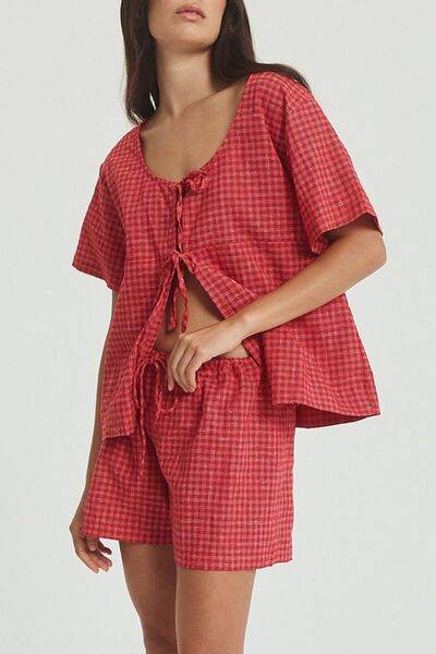 Plaid Tied Scoop Neck Short Sleeve Top and Drawstring Shorts Set for a perfect OOTD – dress to impress outfits from Amexza