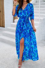 Devine Printed Tied Half Sleeve Slit Dress - Amexza
