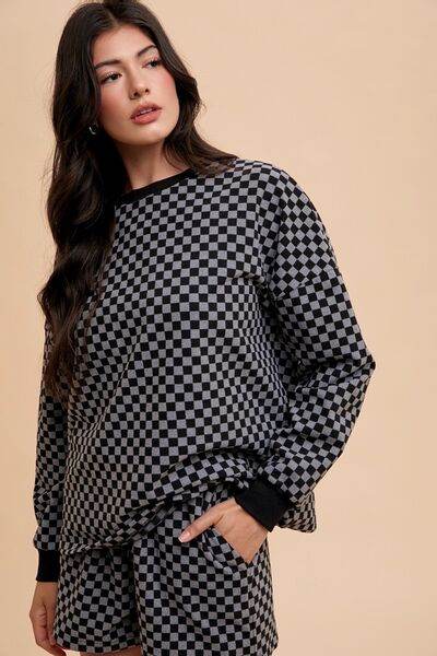 Annie Wear Checkered Round Neck Top and Drawstring Shorts Set Black for a perfect OOTD – dress to impress outfits from Amexza