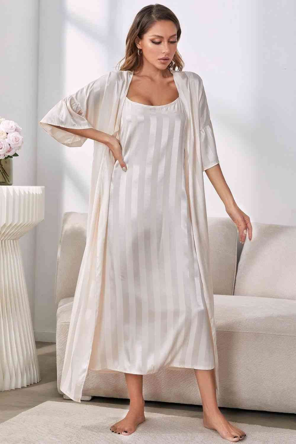 Striped Flounce Sleeve Open Front Robe and Cami Dress Set for a perfect OOTD – dress to impress outfits from Amexza