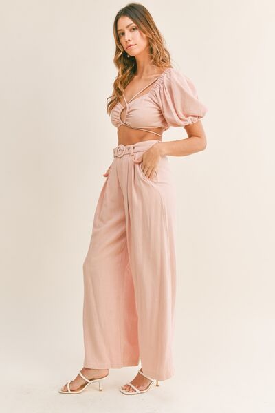 MABLE Cut Out Drawstring Crop Top and Belted Pants Set Dusty Pink for a perfect OOTD – dress to impress outfits from Amexza