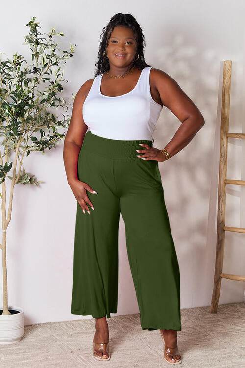 Basic Bae Full Size Smocked Wide Waistband Wide Leg Pants for a perfect OOTD – dress to impress outfits from Amexza