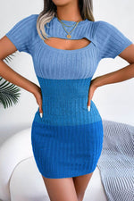 Color Block Cutout Short Sleeve Sweater Dress Blue for a perfect OOTD – dress to impress outfits from Amexza