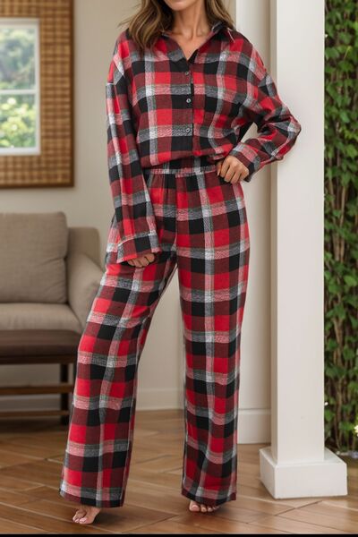 Plaid Long Sleeve Top and Pants Lounge Set Scarlet for a perfect OOTD – dress to impress outfits from Amexza