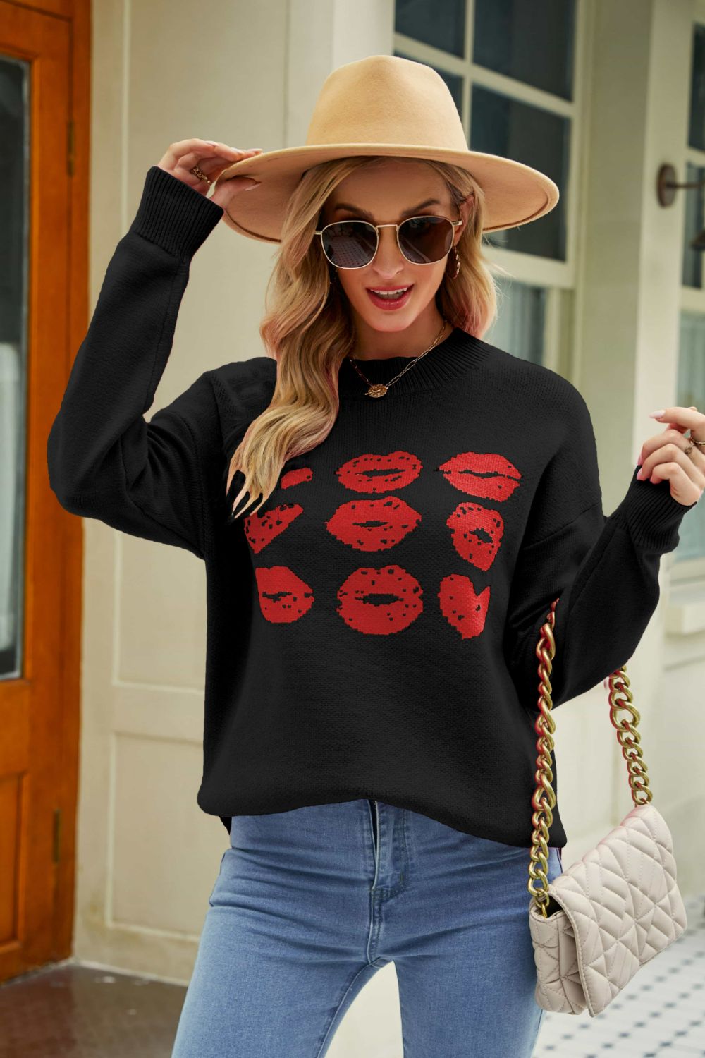 Woven Right Lip Graphic Slit Dropped Shoulder Sweater Black for a perfect OOTD – dress to impress outfits from Amexza