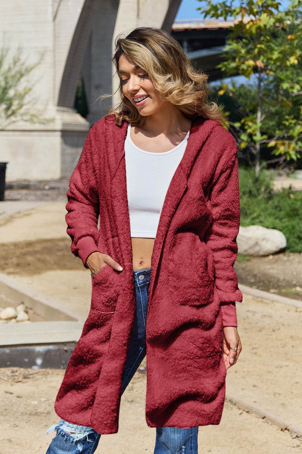 Double Take Full Size Hooded Teddy Bear Jacket with Thumbholes Deep Red for a perfect OOTD – dress to impress outfits from Amexza