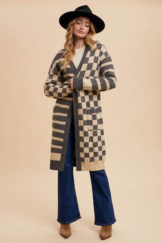 Annie Wear Checkered & Striped Open Front Long Sleeve Cardigan for a perfect OOTD – dress to impress outfits from Amexza