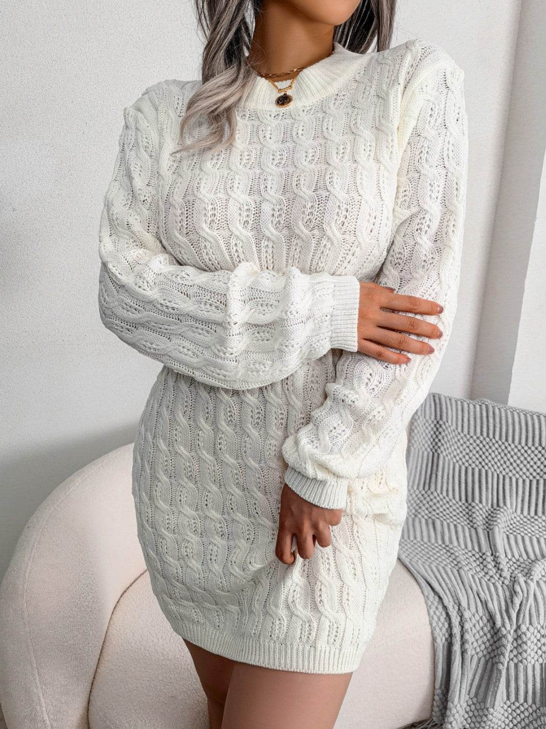 Cable-Knit Round Neck Mini Wrap Sweater Dress - Amexza