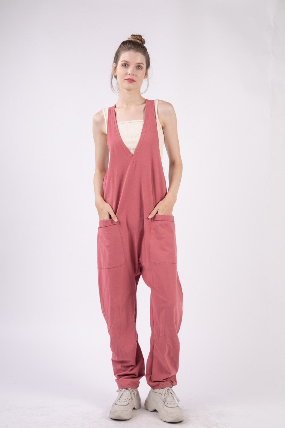 VERY J Plunge Sleeveless Jumpsuit with Pockets - Amexza