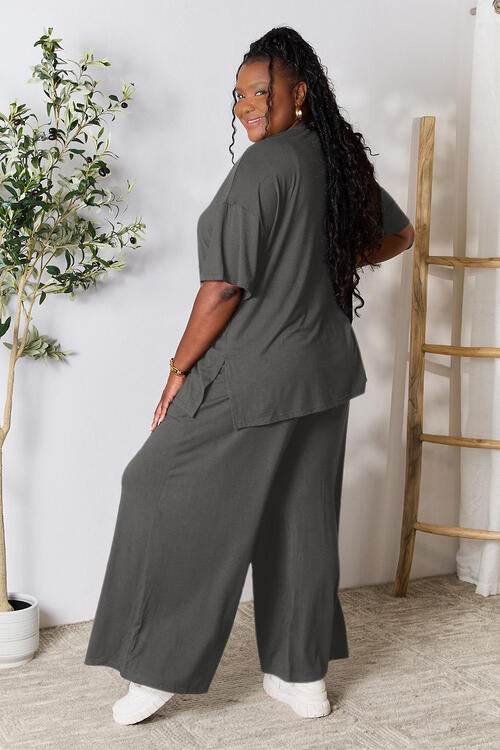 Double Take Full Size Round Neck Slit Top and Pants Set for a perfect OOTD – dress to impress outfits from Amexza