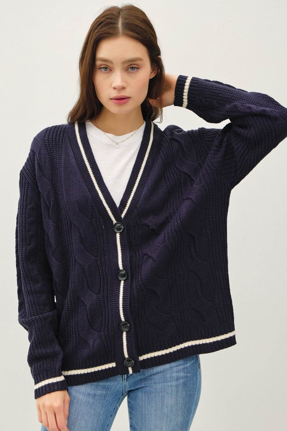 Be Cool Contrast Trim Cable-Knit V-Neck Cardigan Navy for a perfect OOTD – dress to impress outfits from Amexza