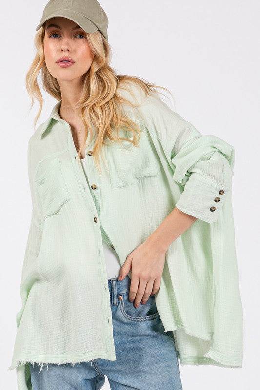 SAGE + FIG Frayed Hem Side Slit Button Down Shirt Light Green for a perfect OOTD – dress to impress outfits from Amexza