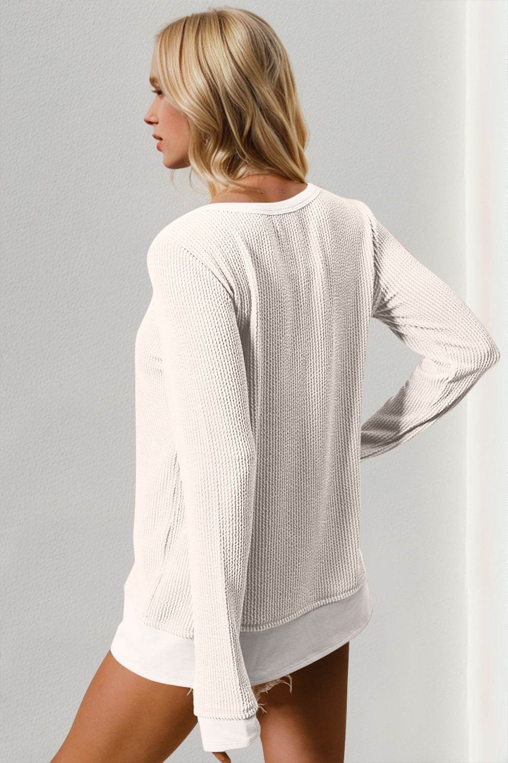 Double Take Corded Rib Thumbhole Cuff Round Neck T-Shirt for a perfect OOTD – dress to impress outfits from Amexza