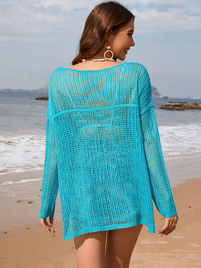 Openwork Slit Boat Neck Long Sleeve Cover-Up for a perfect OOTD – dress to impress outfits from Amexza