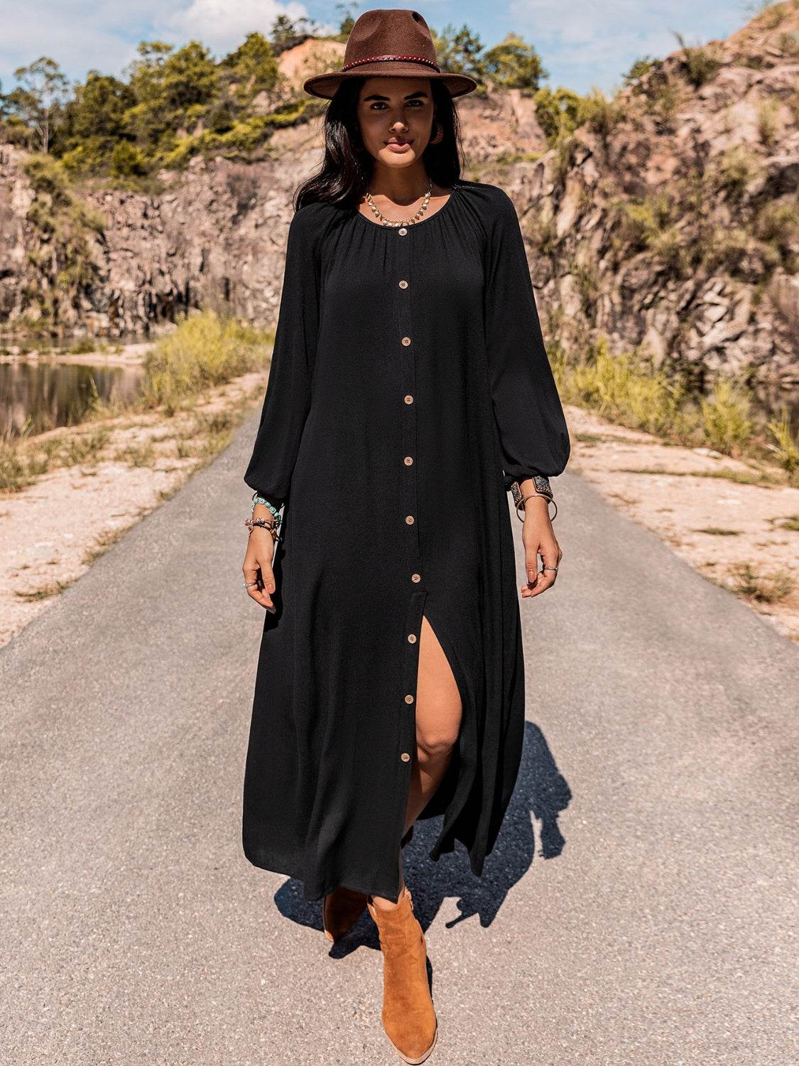 Long Sleeve Round Neck Dress - Amexza