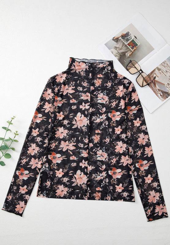 Floral Mock Neck Long Sleeve Blouse for a perfect OOTD – dress to impress outfits from Amexza