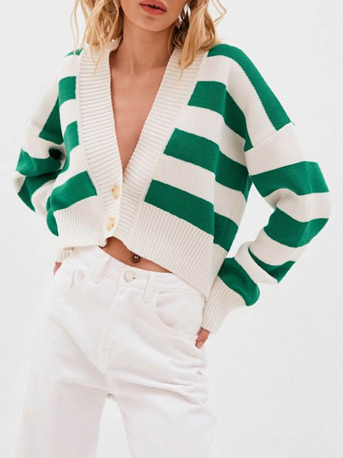 Striped Button Down Drop Shoulder Cardigan - Amexza